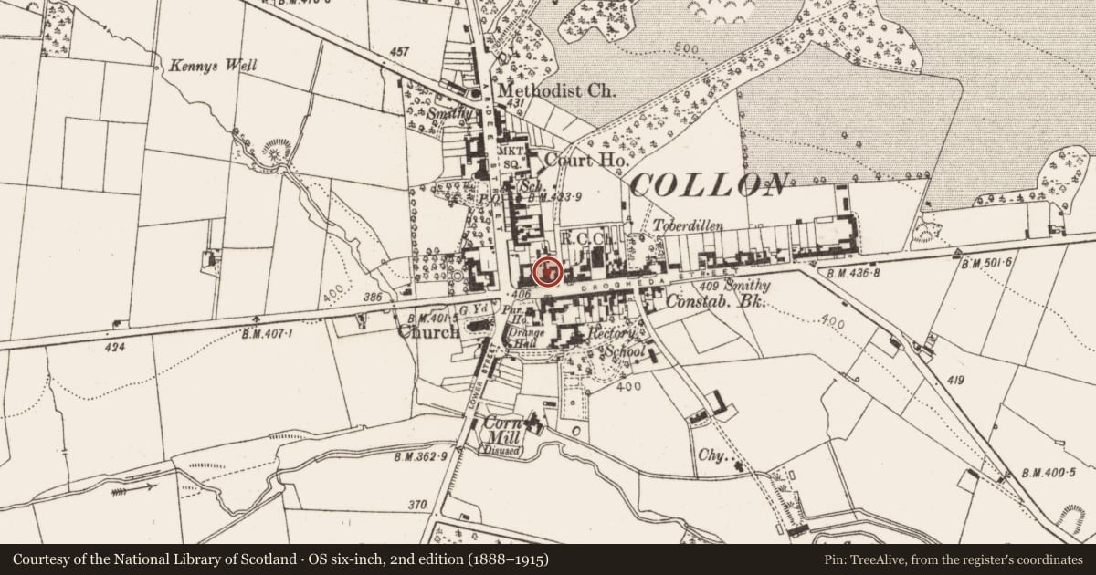 Ordnance Survey six-inch map, 2nd edition (1888–1915) covering the location of Settlement cluster, Collon, County Louth, with a pin at the register's coordinates