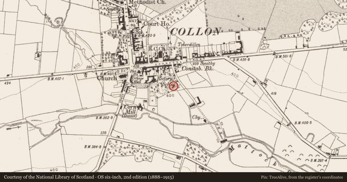 Ordnance Survey six-inch map, 2nd edition (1888–1915) covering the location of Church, Collon, County Louth, with a pin at the register's coordinates