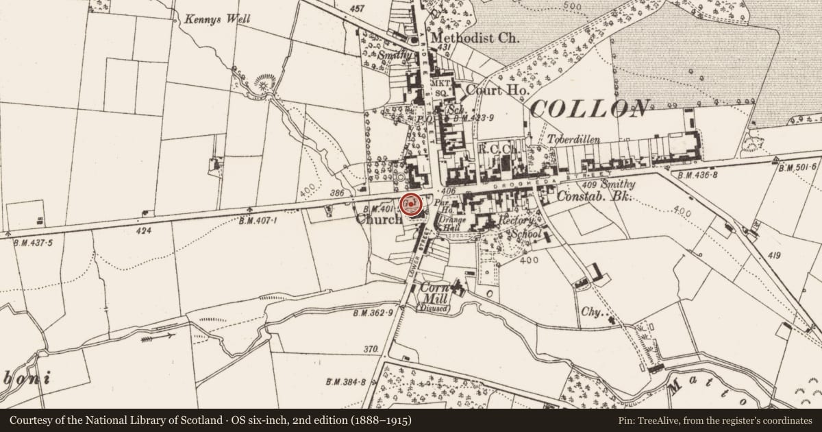 Ordnance Survey six-inch map, 2nd edition (1888–1915) covering the location of Church, Collon, County Louth, with a pin at the register's coordinates