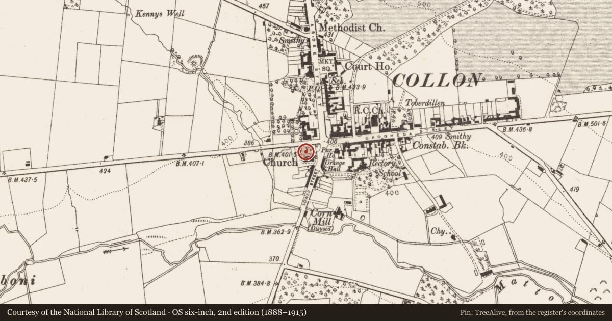 Ordnance Survey six-inch map, 2nd edition (1888–1915) covering the location of Graveyard, Collon, County Louth, with a pin at the register's coordinates