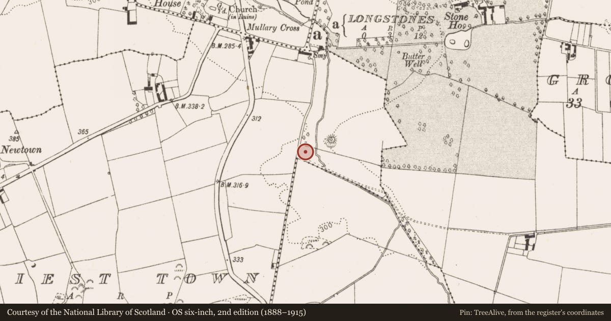 Ordnance Survey six-inch map, 2nd edition (1888–1915) covering the location of Enclosure, Priest Town, County Louth, with a pin at the register's coordinates