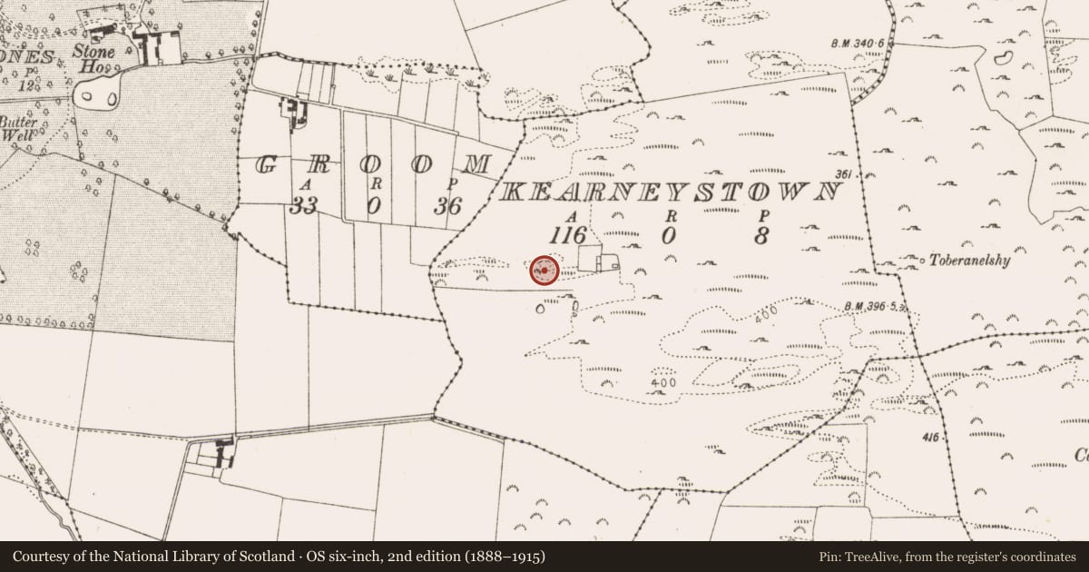 Ordnance Survey six-inch map, 2nd edition (1888–1915) covering the location of Standing stone, Kearneystown, County Louth, with a pin at the register's coordinates