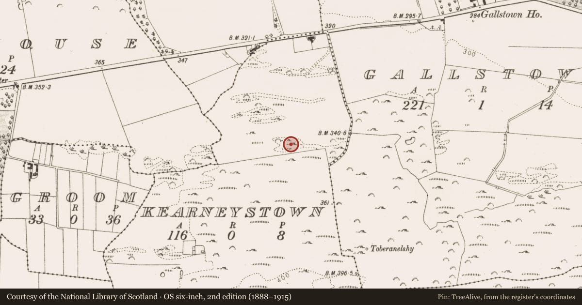 Ordnance Survey six-inch map, 2nd edition (1888–1915) covering the location of Mass-rock, Kearneystown, County Louth, with a pin at the register's coordinates