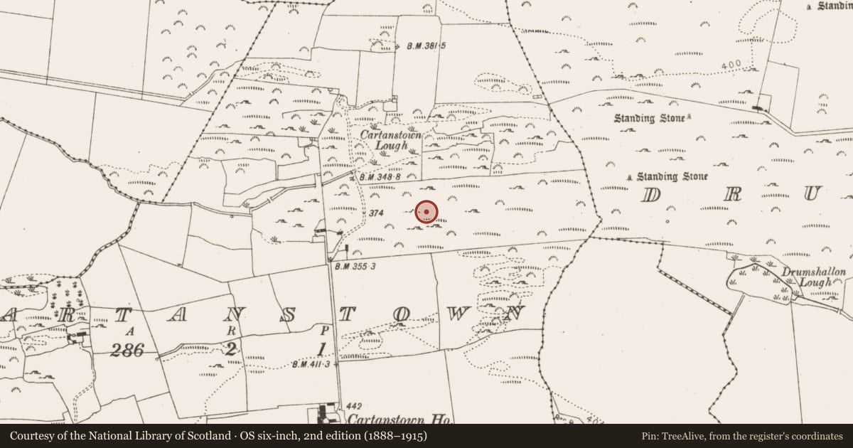 Ordnance Survey six-inch map, 2nd edition (1888–1915) covering the location of Burial ground, Cartanstown, County Louth, with a pin at the register's coordinates