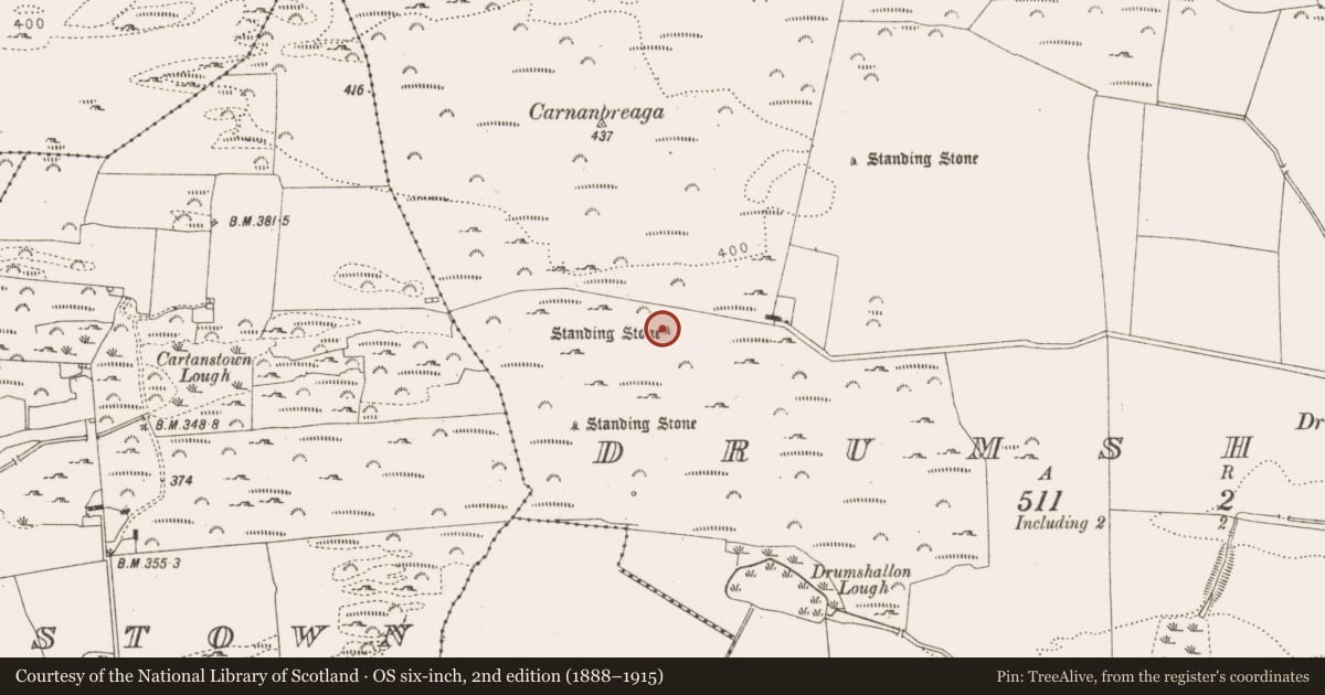 Ordnance Survey six-inch map, 2nd edition (1888–1915) covering the location of Standing stone, Drumshallon, County Louth, with a pin at the register's coordinates