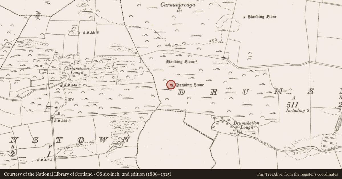 Ordnance Survey six-inch map, 2nd edition (1888–1915) covering the location of Standing stone, Drumshallon, County Louth, with a pin at the register's coordinates