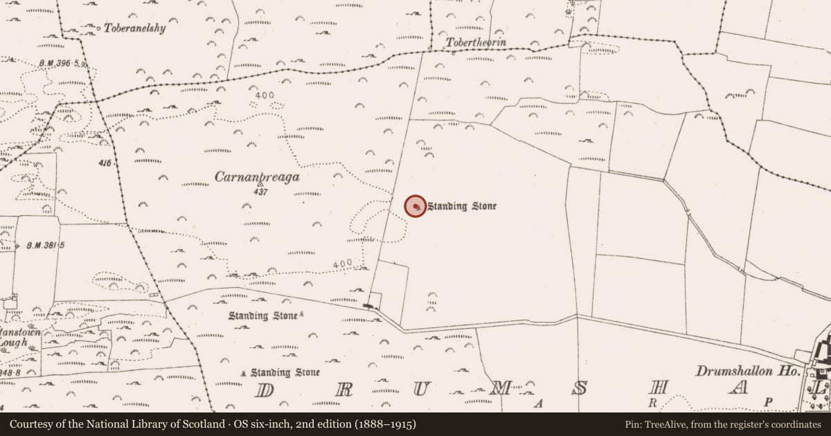 Ordnance Survey six-inch map, 2nd edition (1888–1915) covering the location of Standing stone, Drumshallon, County Louth, with a pin at the register's coordinates