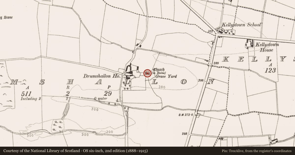 Ordnance Survey six-inch map, 2nd edition (1888–1915) covering the location of Church, Drumshallon, County Louth, with a pin at the register's coordinates