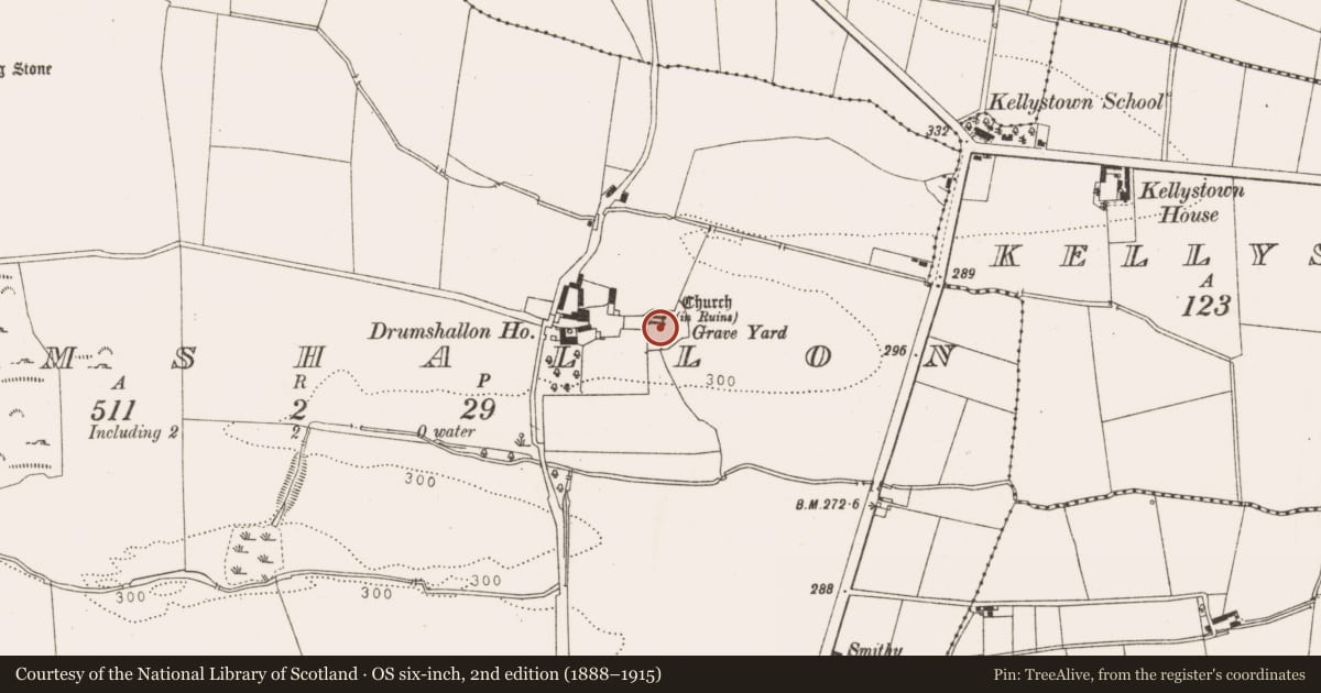 Ordnance Survey six-inch map, 2nd edition (1888–1915) covering the location of Graveyard, Drumshallon, County Louth, with a pin at the register's coordinates