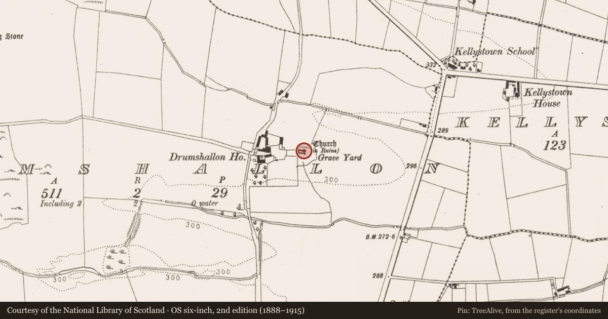 Ordnance Survey six-inch map, 2nd edition (1888–1915) covering the location of Graveslab, Drumshallon, County Louth, with a pin at the register's coordinates