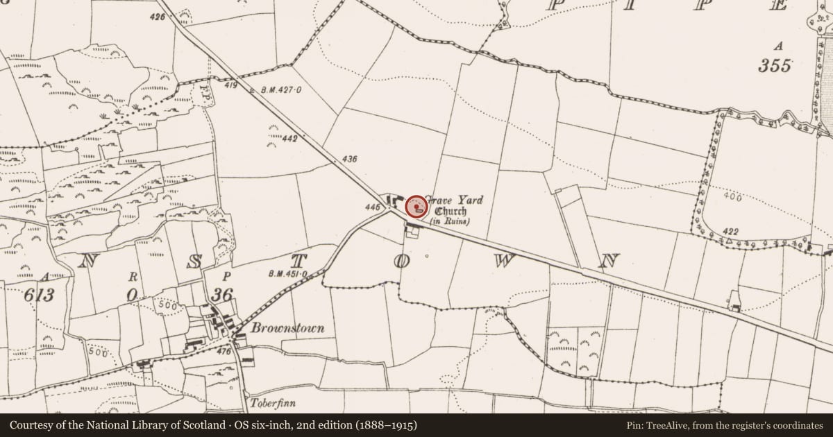 Ordnance Survey six-inch map, 2nd edition (1888–1915) covering the location of Church, Brownstown, County Louth, with a pin at the register's coordinates