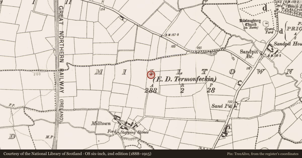 Ordnance Survey six-inch map, 2nd edition (1888–1915) covering the location of Enclosure, Milltown (Ferrard By., Termonfeckin Par.), County Louth, with a pin at the register's coordinates