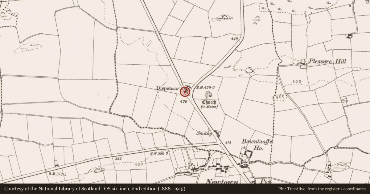 Ordnance Survey six-inch map, 2nd edition (1888–1915) covering the location of Souterrain, Bawntaaffe, County Louth, with a pin at the register's coordinates