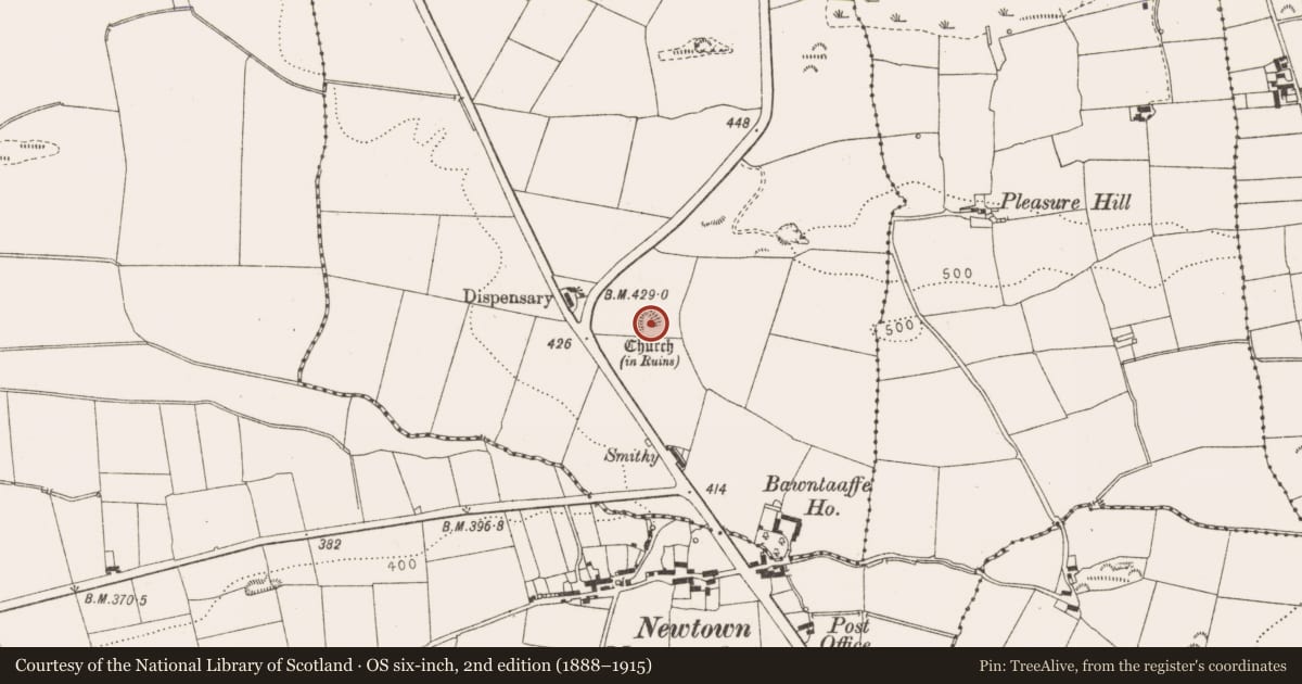 Ordnance Survey six-inch map, 2nd edition (1888–1915) covering the location of Church, Bawntaaffe, County Louth, with a pin at the register's coordinates