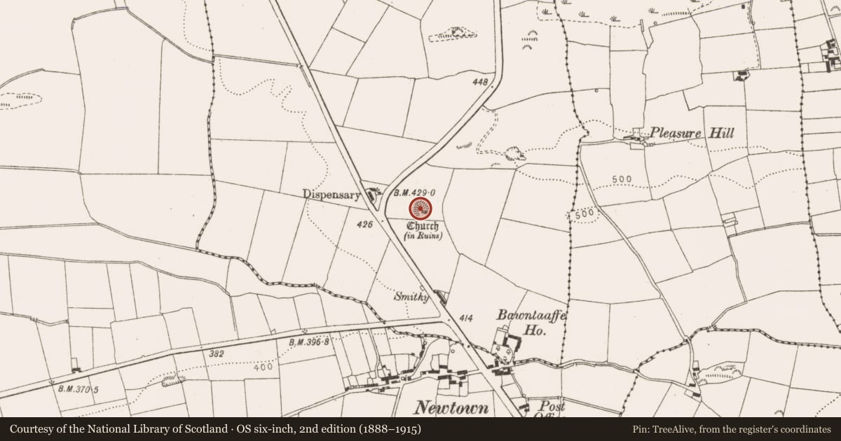Ordnance Survey six-inch map, 2nd edition (1888–1915) covering the location of Enclosure, Bawntaaffe, County Louth, with a pin at the register's coordinates