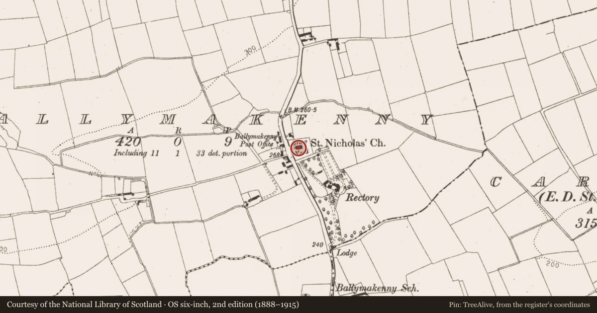 Ordnance Survey six-inch map, 2nd edition (1888–1915) covering the location of Church, Ballymakenny, County Louth, with a pin at the register's coordinates