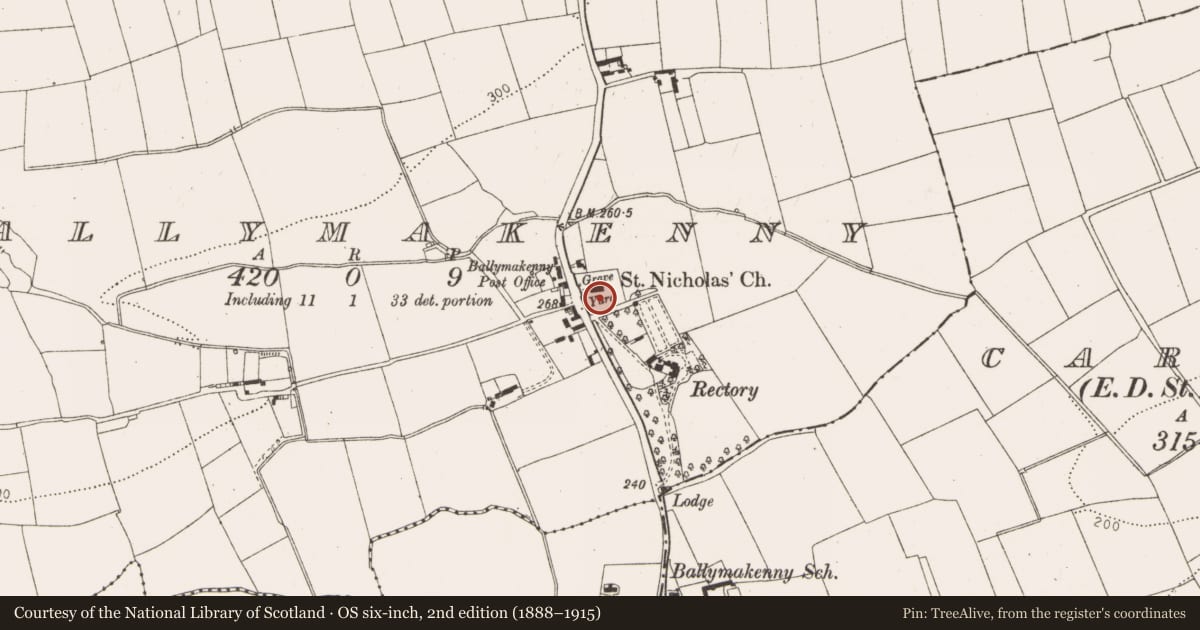 Ordnance Survey six-inch map, 2nd edition (1888–1915) covering the location of Graveyard, Ballymakenny, County Louth, with a pin at the register's coordinates