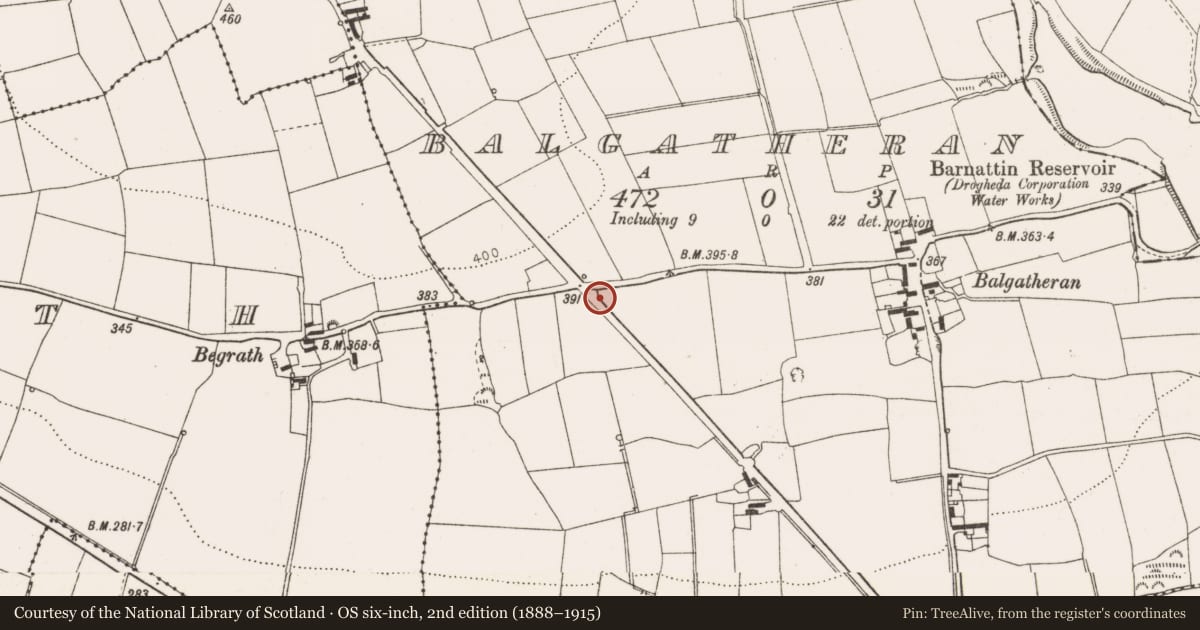 Ordnance Survey six-inch map, 2nd edition (1888–1915) covering the location of Souterrain, Balgatheran, County Louth, with a pin at the register's coordinates