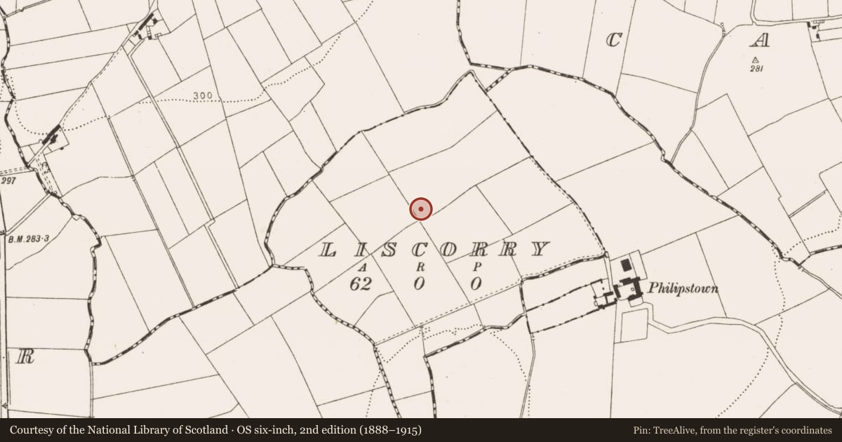 Ordnance Survey six-inch map, 2nd edition (1888–1915) covering the location of Earthwork, Liscorry, County Louth, with a pin at the register's coordinates
