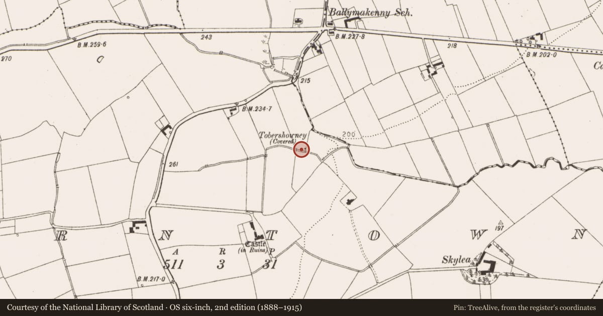 Ordnance Survey six-inch map, 2nd edition (1888–1915) covering the location of Ritual site - holy well, Carstown (Ferrard by, County Louth, with a pin at the register's coordinates