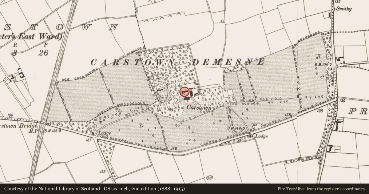 Ordnance Survey six-inch map, 2nd edition (1888–1915) covering the location of Castle - unclassified, Carstown (Ferrard by, County Louth, with a pin at the register's coordinates