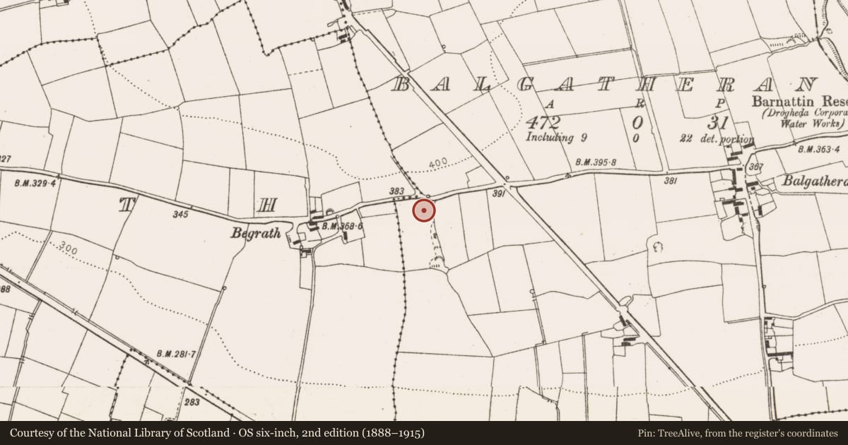 Ordnance Survey six-inch map, 2nd edition (1888–1915) covering the location of Barrow - unclassified, Balgatheran, County Louth, with a pin at the register's coordinates