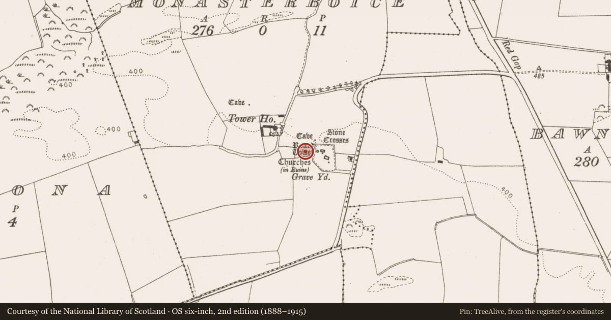 Ordnance Survey six-inch map, 2nd edition (1888–1915) covering the location of Ecclesiastical enclosure, County Louth, with a pin at the register's coordinates
