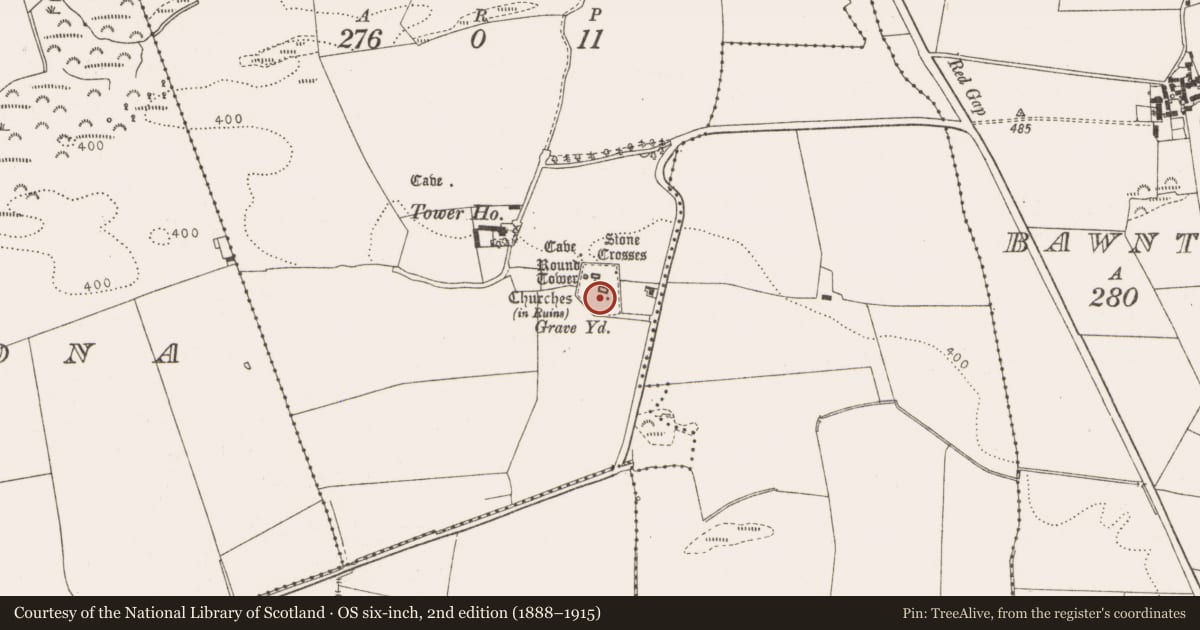 Ordnance Survey six-inch map, 2nd edition (1888–1915) covering the location of Graveyard, Monasterboice, County Louth, with a pin at the register's coordinates