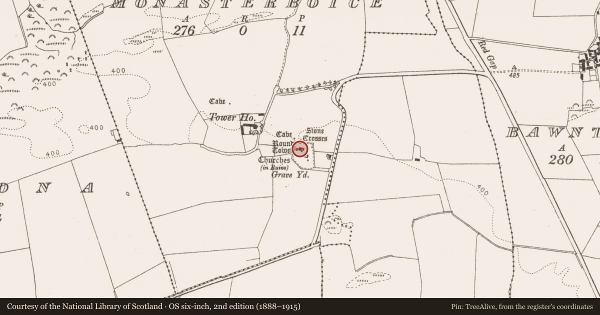 Ordnance Survey six-inch map, 2nd edition (1888–1915) covering the location of Church, Monasterboice, County Louth, with a pin at the register's coordinates