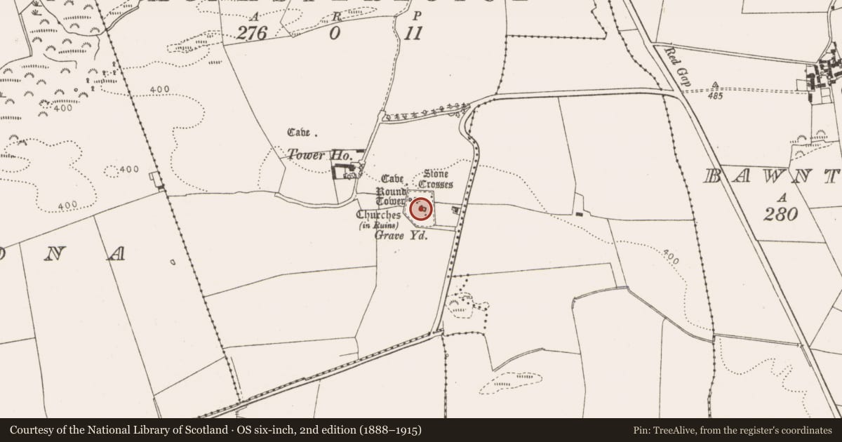 Ordnance Survey six-inch map, 2nd edition (1888–1915) covering the location of Church, Monasterboice, County Louth, with a pin at the register's coordinates