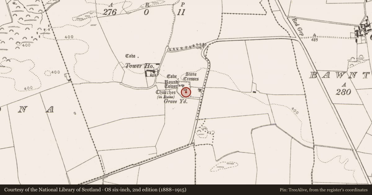 Ordnance Survey six-inch map, 2nd edition (1888–1915) covering the location of Cross - High cross, Monasterboice, County Louth, with a pin at the register's coordinates