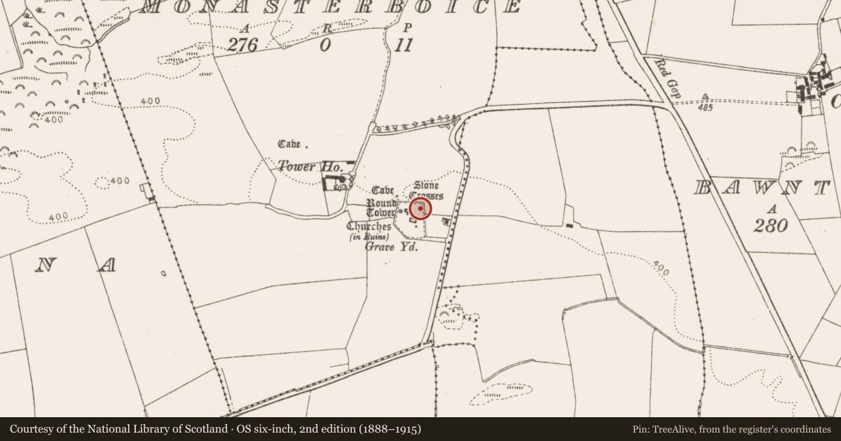 Ordnance Survey six-inch map, 2nd edition (1888–1915) covering the location of Sundial, Monasterboice, County Louth, with a pin at the register's coordinates