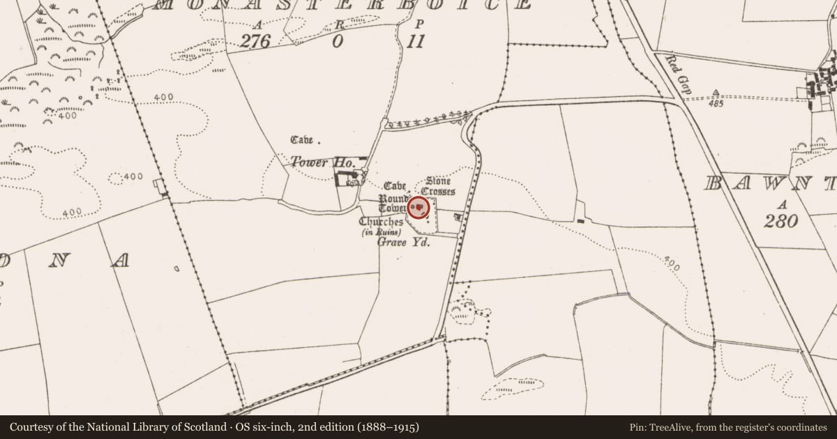 Ordnance Survey six-inch map, 2nd edition (1888–1915) covering the location of Cross-slab, Monasterboice, County Louth, with a pin at the register's coordinates