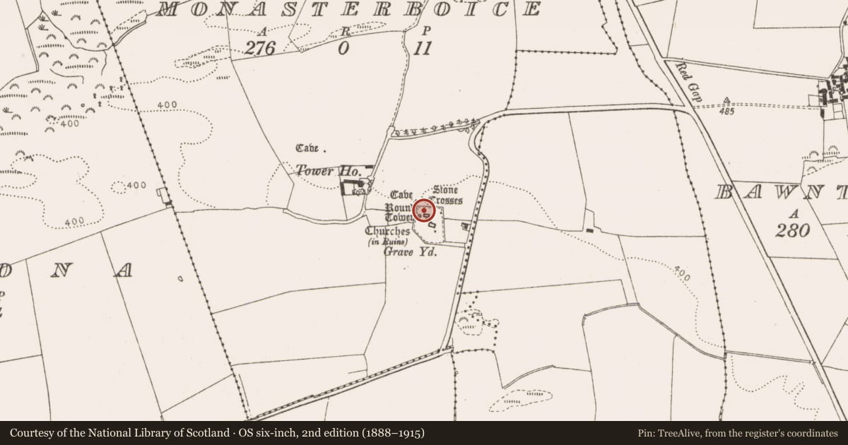 Ordnance Survey six-inch map, 2nd edition (1888–1915) covering the location of Cross-slab, Monasterboice, County Louth, with a pin at the register's coordinates
