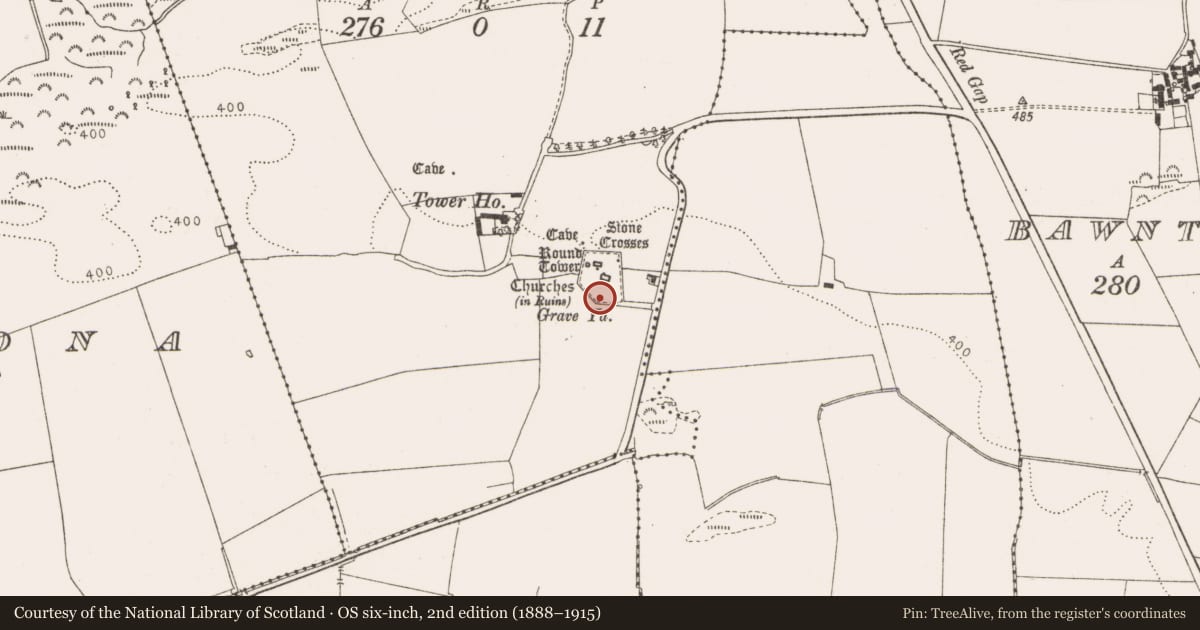 Ordnance Survey six-inch map, 2nd edition (1888–1915) covering the location of Cross-slab, Monasterboice, County Louth, with a pin at the register's coordinates