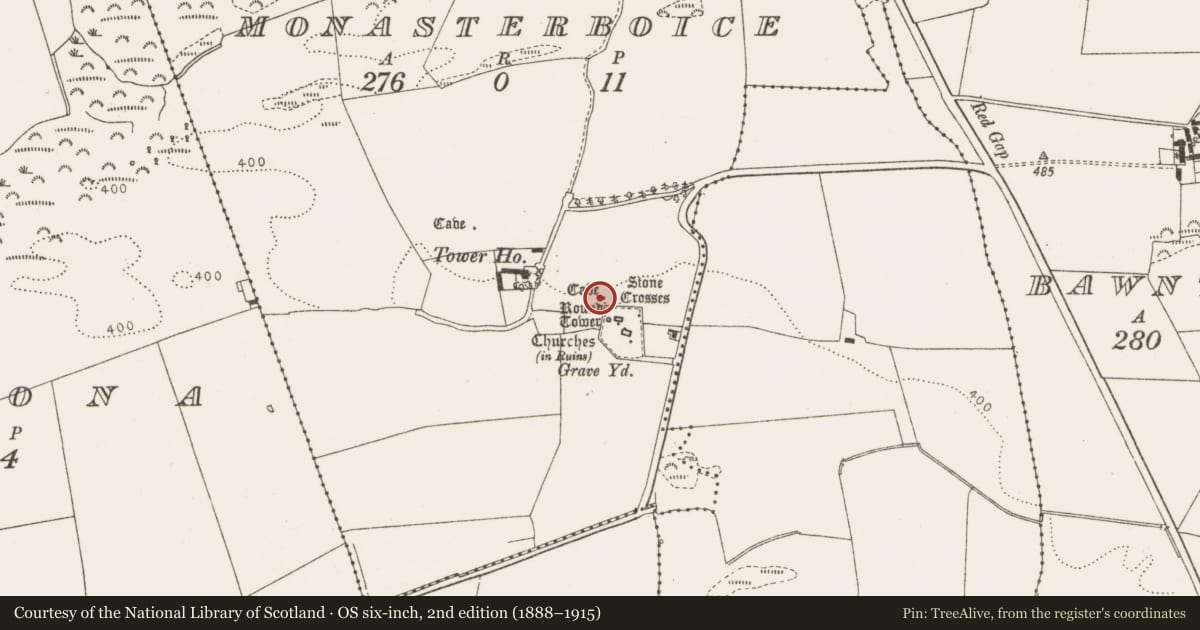 Ordnance Survey six-inch map, 2nd edition (1888–1915) covering the location of Souterrain, Monasterboice, County Louth, with a pin at the register's coordinates