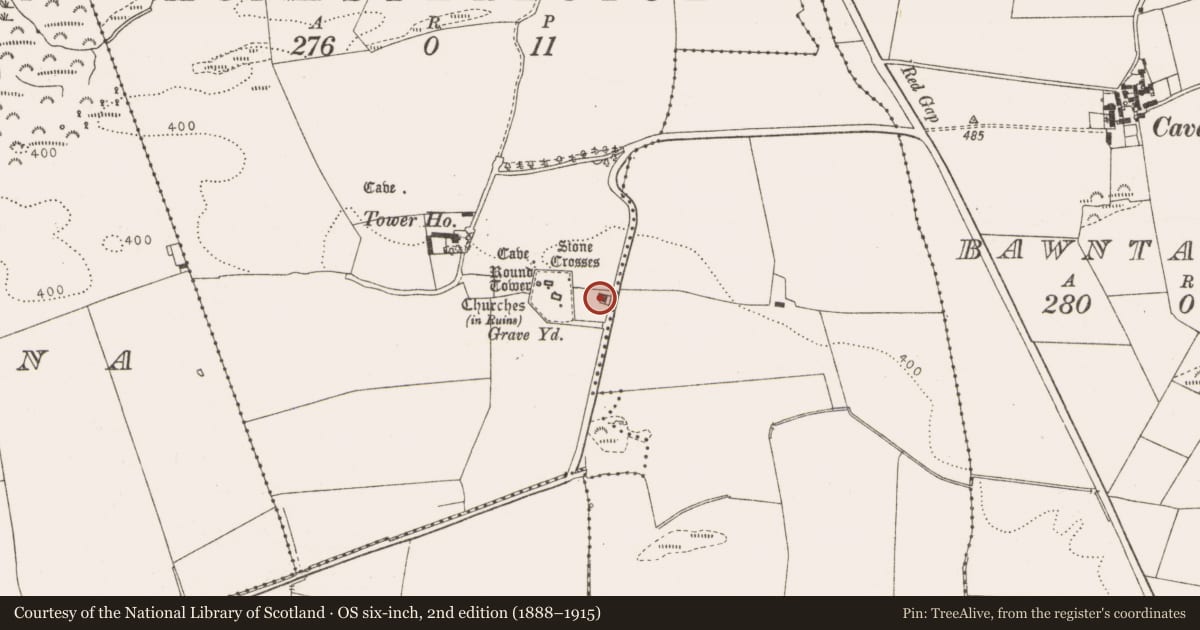 Ordnance Survey six-inch map, 2nd edition (1888–1915) covering the location of Souterrain, Monasterboice, County Louth, with a pin at the register's coordinates