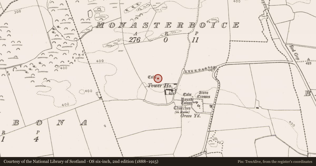 Ordnance Survey six-inch map, 2nd edition (1888–1915) covering the location of Souterrain, Monasterboice, County Louth, with a pin at the register's coordinates