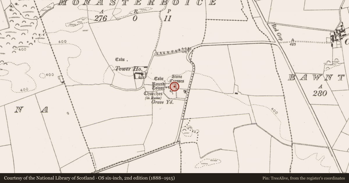 Ordnance Survey six-inch map, 2nd edition (1888–1915) covering the location of Cross - High cross, Monasterboice, County Louth, with a pin at the register's coordinates