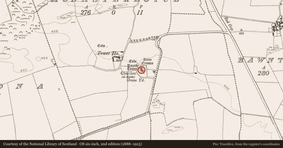 Ordnance Survey six-inch map, 2nd edition (1888–1915) covering the location of Cross - High cross, Monasterboice, County Louth, with a pin at the register's coordinates