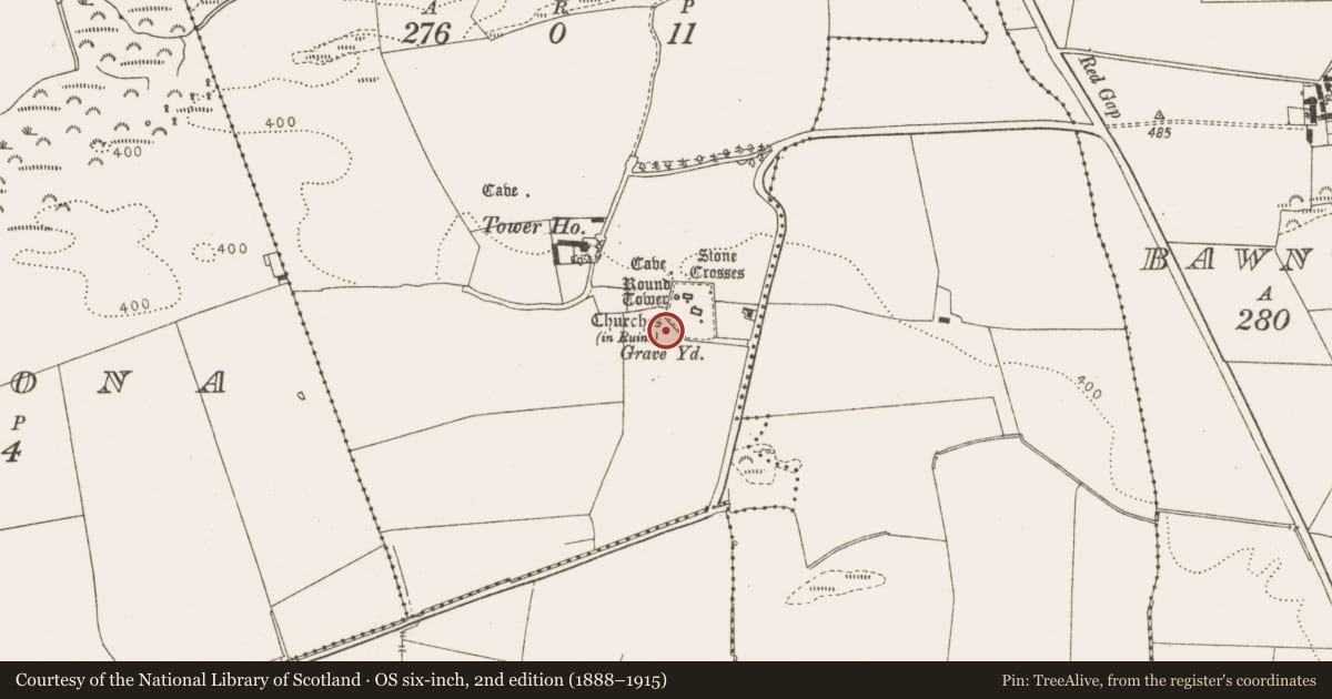 Ordnance Survey six-inch map, 2nd edition (1888–1915) covering the location of Ritual site - holy well, Monasterboice, County Louth, with a pin at the register's coordinates