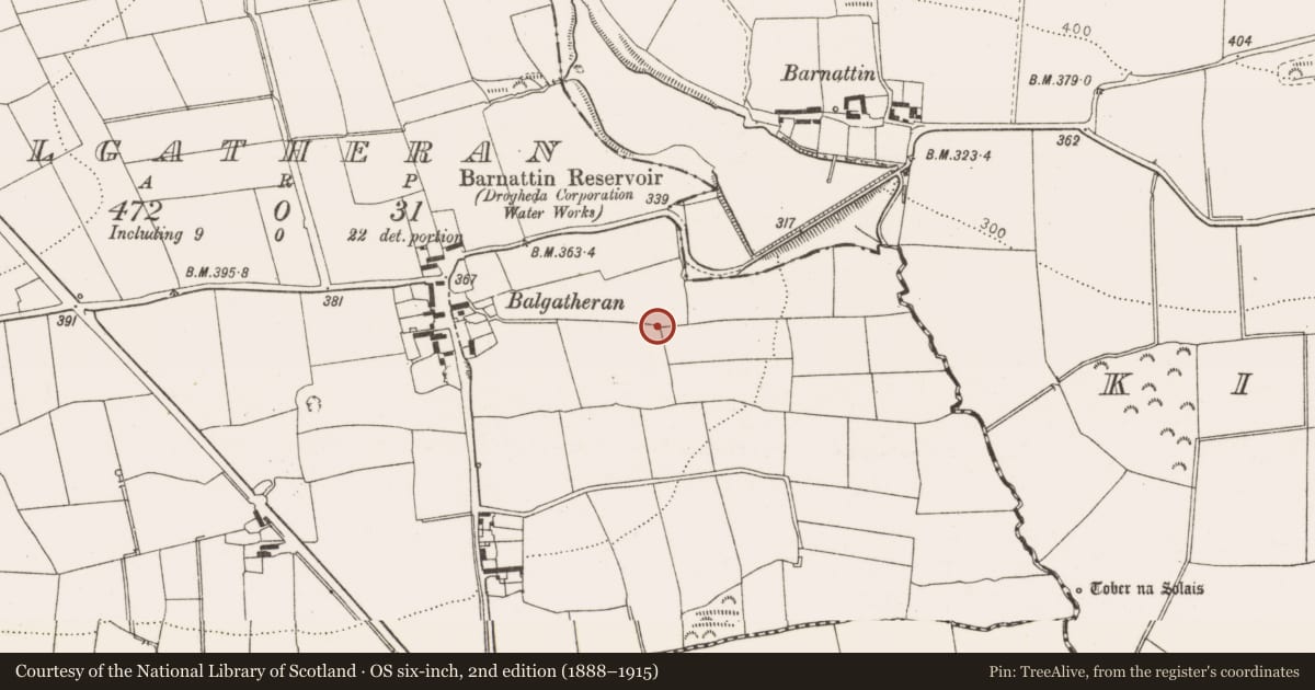 Ordnance Survey six-inch map, 2nd edition (1888–1915) covering the location of Excavation - miscellaneous, Balgatheran, County Louth, with a pin at the register's coordinates