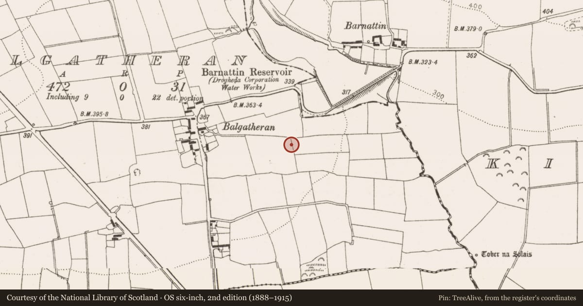 Ordnance Survey six-inch map, 2nd edition (1888–1915) covering the location of Excavation - miscellaneous, Balgatheran, County Louth, with a pin at the register's coordinates