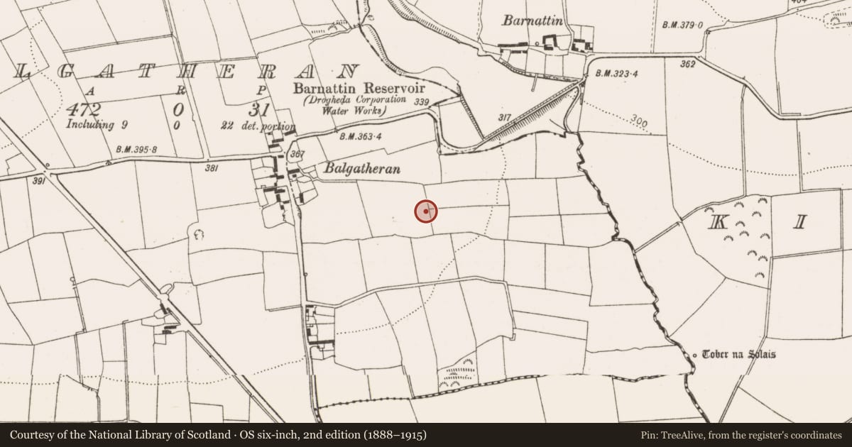 Ordnance Survey six-inch map, 2nd edition (1888–1915) covering the location of Industrial site, Balgatheran, County Louth, with a pin at the register's coordinates