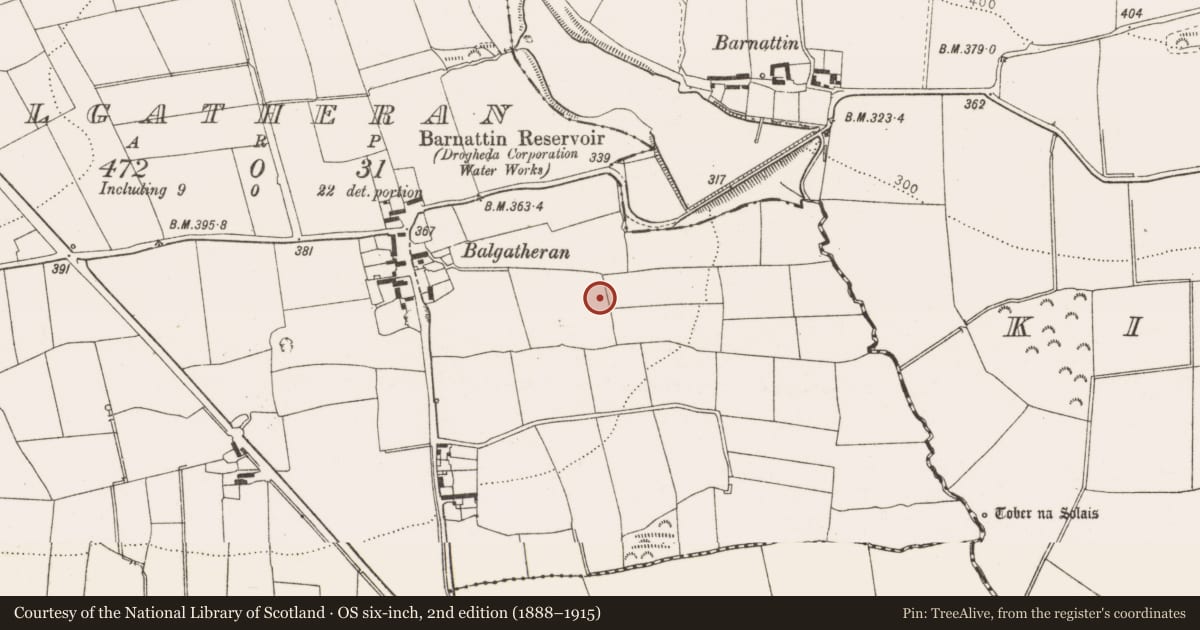 Ordnance Survey six-inch map, 2nd edition (1888–1915) covering the location of Structure, Balgatheran, County Louth, with a pin at the register's coordinates