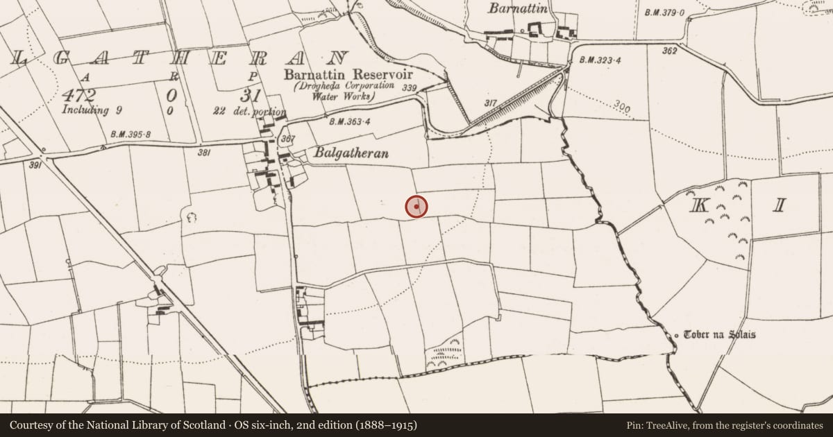 Ordnance Survey six-inch map, 2nd edition (1888–1915) covering the location of Structure, Balgatheran, County Louth, with a pin at the register's coordinates