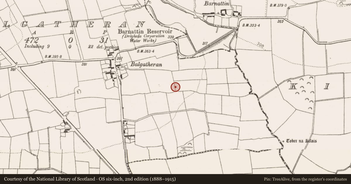Ordnance Survey six-inch map, 2nd edition (1888–1915) covering the location of Structure, Balgatheran, County Louth, with a pin at the register's coordinates