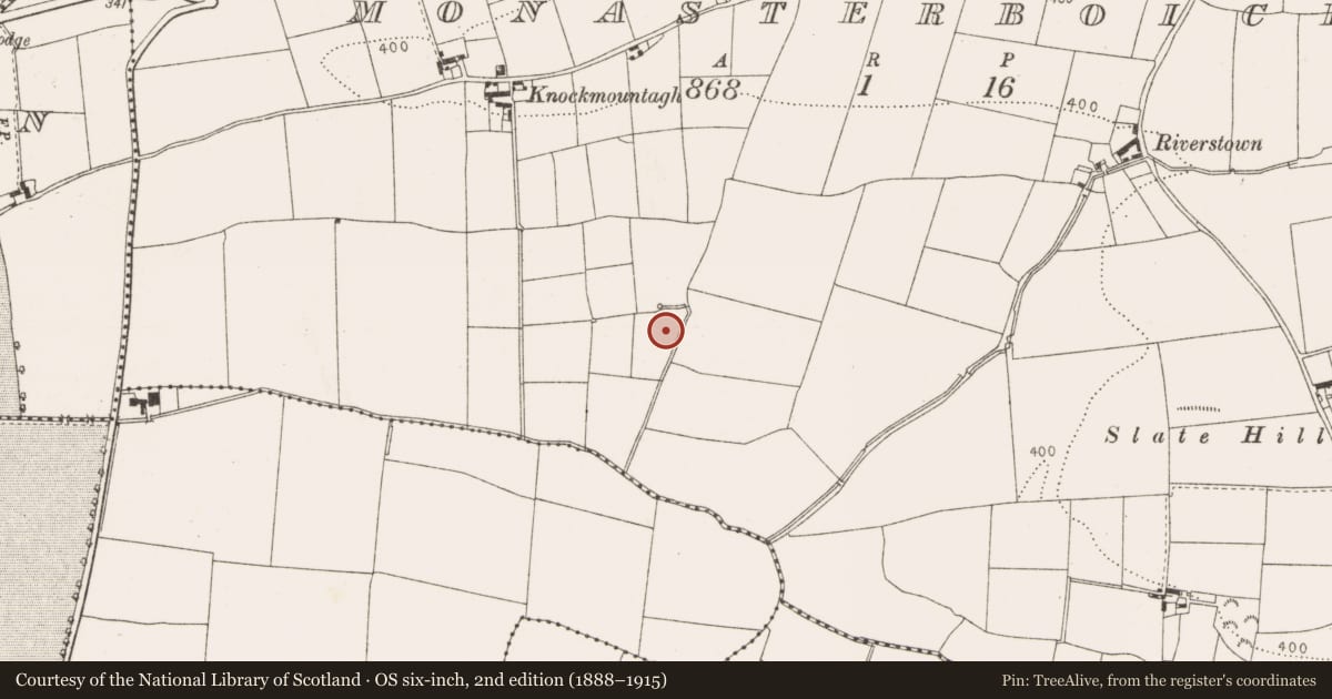 Ordnance Survey six-inch map, 2nd edition (1888–1915) covering the location of Fulacht fia, Newtown Monasterboice, County Louth, with a pin at the register's coordinates