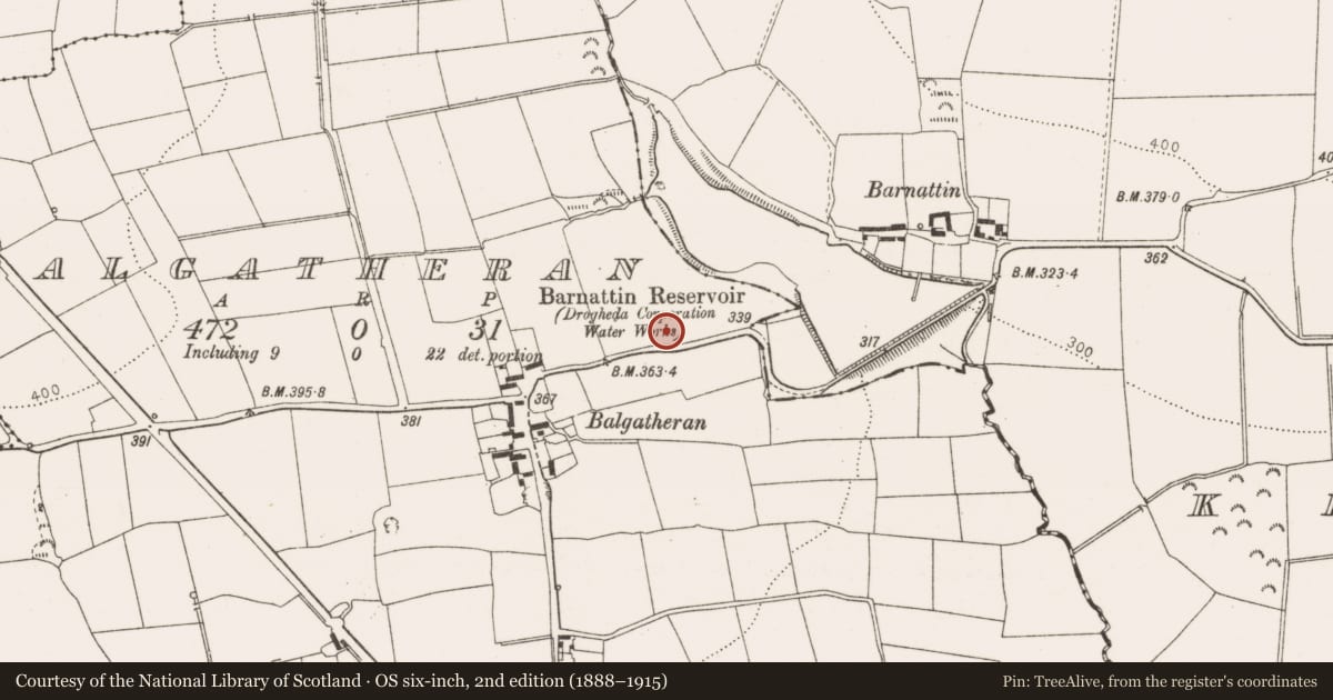 Ordnance Survey six-inch map, 2nd edition (1888–1915) covering the location of Cremation pit, Balgatheran, County Louth, with a pin at the register's coordinates