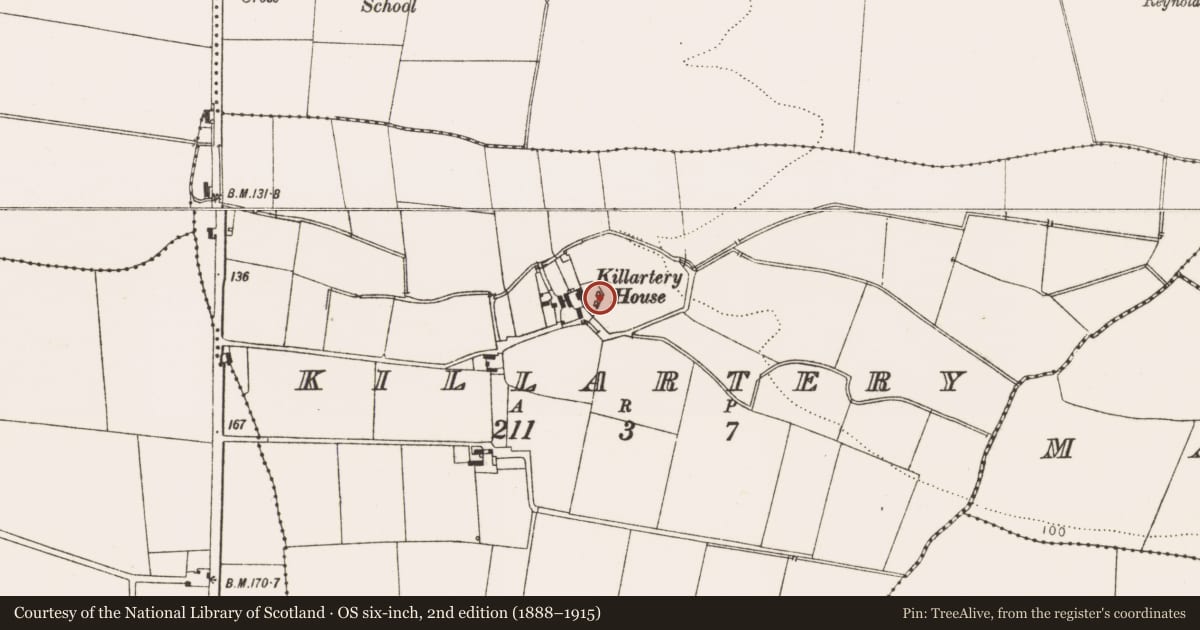 Ordnance Survey six-inch map, 2nd edition (1888–1915) covering the location of Burial ground, Killartery, County Louth, with a pin at the register's coordinates